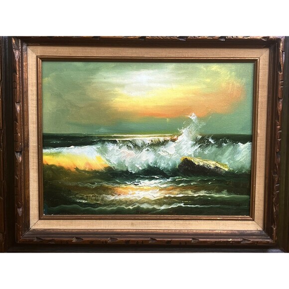 Vintage MCM Gorgeous Ocean Seascape Oil Painting 23 x 20 / Sun Ocean Waves Surf - Picture 1 of 11